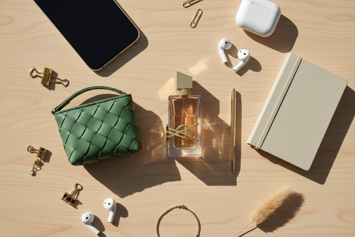 Genere moi un flat lay élégant parfum libre yves saint Laurent plus pochette tressé de botega veneta et accessoires de création de contenu sur une table en bois claire et lisse