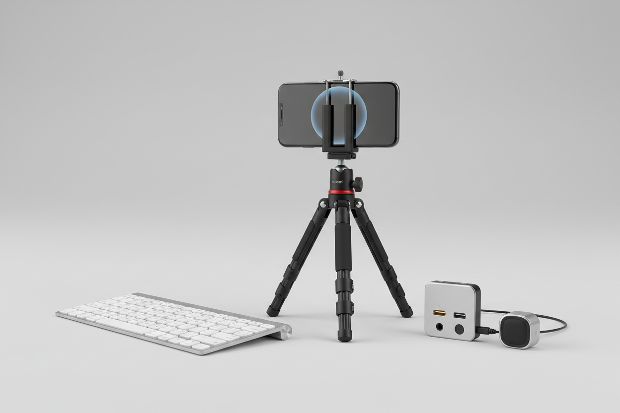 genere moi un trépied teléphone pour la creation de contenu, microphone sans fil avec port light, port type c port caméra vidéo, clavier sans fil